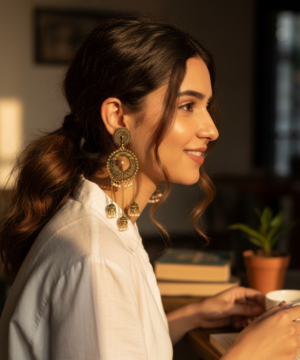 Antique Gold Plated Chandbali Jhumka Earrings